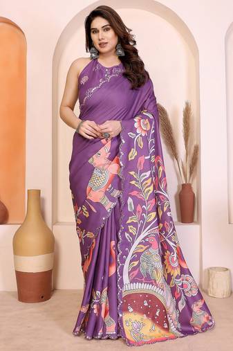 Dark purple manipuri kalamkari & digital print saree with mirror work border