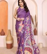 Dark purple manipuri kalamkari & digital print saree with mirror work border