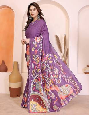 Dark purple manipuri kalamkari & digital print saree with mirror work border 2