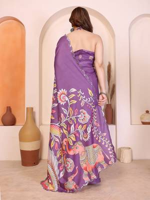Dark purple manipuri kalamkari & digital print saree with mirror work border 3