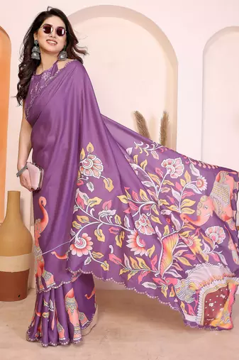 Dark purple manipuri kalamkari & digital print saree with mirror work border