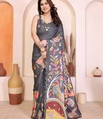 Grey manipuri kalamkari & digital print saree with mirror work border