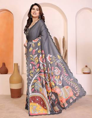 Grey manipuri kalamkari & digital print saree with mirror work border 2