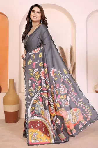 Grey manipuri kalamkari & digital print saree with mirror work border