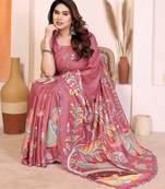 Peach manipuri kalamkari & digital print saree with mirror work border