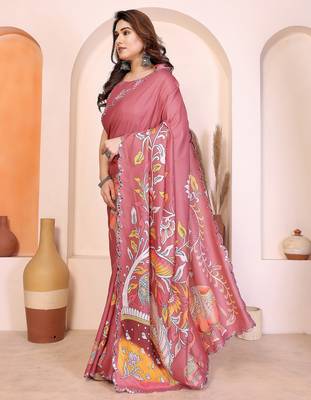 Peach manipuri kalamkari & digital print saree with mirror work border 3