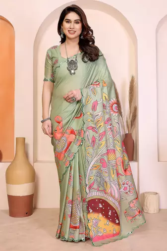 Pista manipuri kalamkari & digital print saree with mirror work border