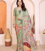 Pista manipuri kalamkari & digital print saree with mirror work border