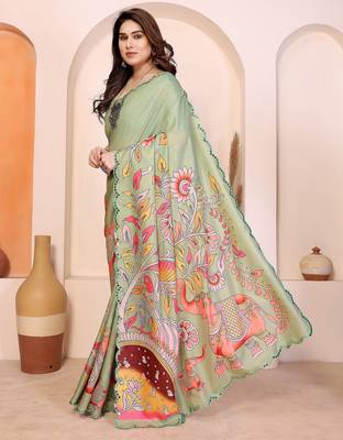 Pista manipuri kalamkari & digital print saree with mirror work border 2
