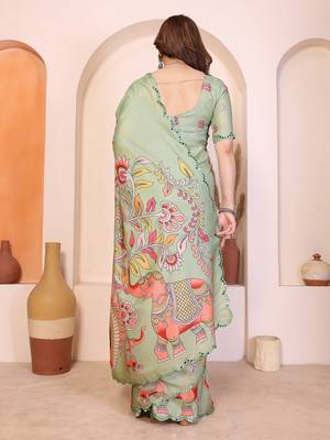 Pista manipuri kalamkari & digital print saree with mirror work border 4