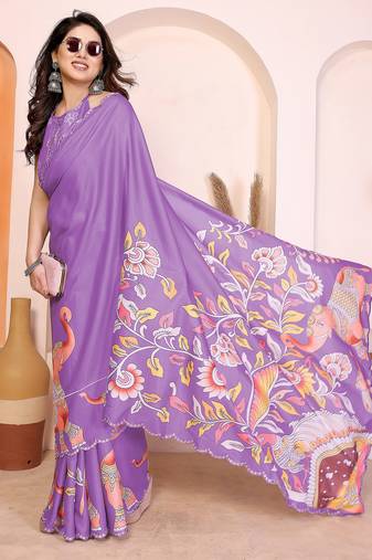 Purple manipuri kalamkari & digital print saree with mirror work border