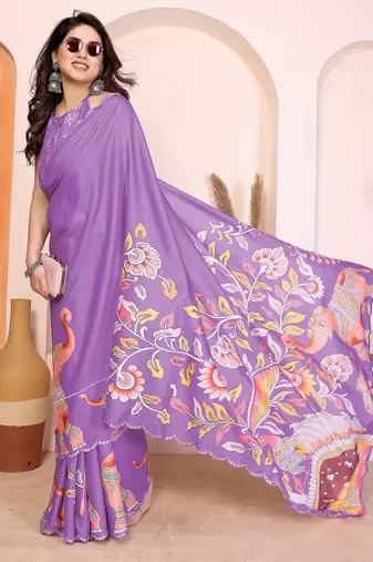 Purple manipuri kalamkari & digital print saree with mirror work border