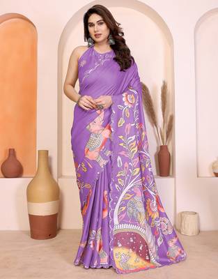 Purple manipuri kalamkari & digital print saree with mirror work border 2