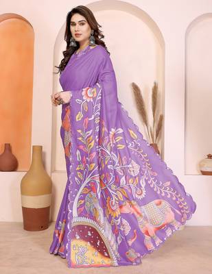 Purple manipuri kalamkari & digital print saree with mirror work border 3