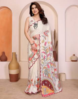 White manipuri kalamkari & digital print saree with mirror work border 1