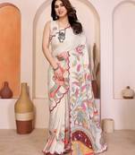 White manipuri kalamkari & digital print saree with mirror work border