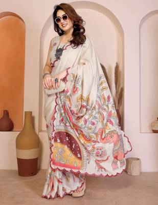 White manipuri kalamkari & digital print saree with mirror work border 2