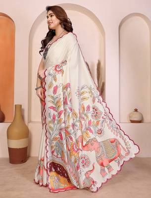 White manipuri kalamkari & digital print saree with mirror work border 3