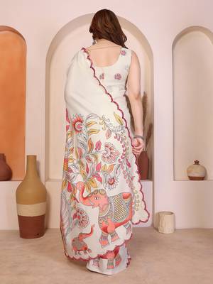 White manipuri kalamkari & digital print saree with mirror work border 4