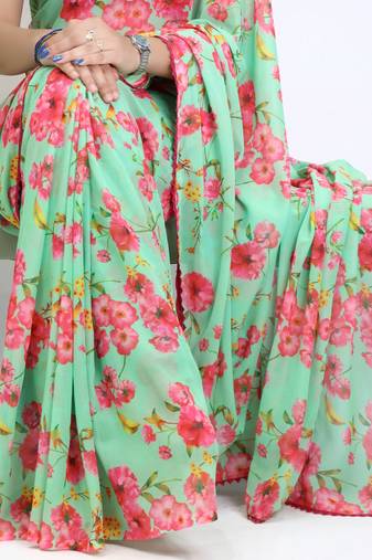 Pista color  all over floral printed with premium lace border weightless saree with unstitched blouse