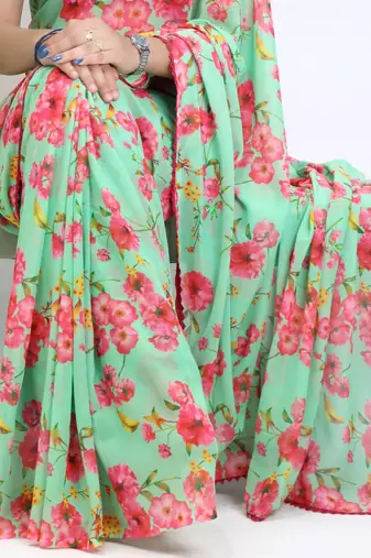 Pista color  all over floral printed with premium lace border weightless saree with unstitched blouse
