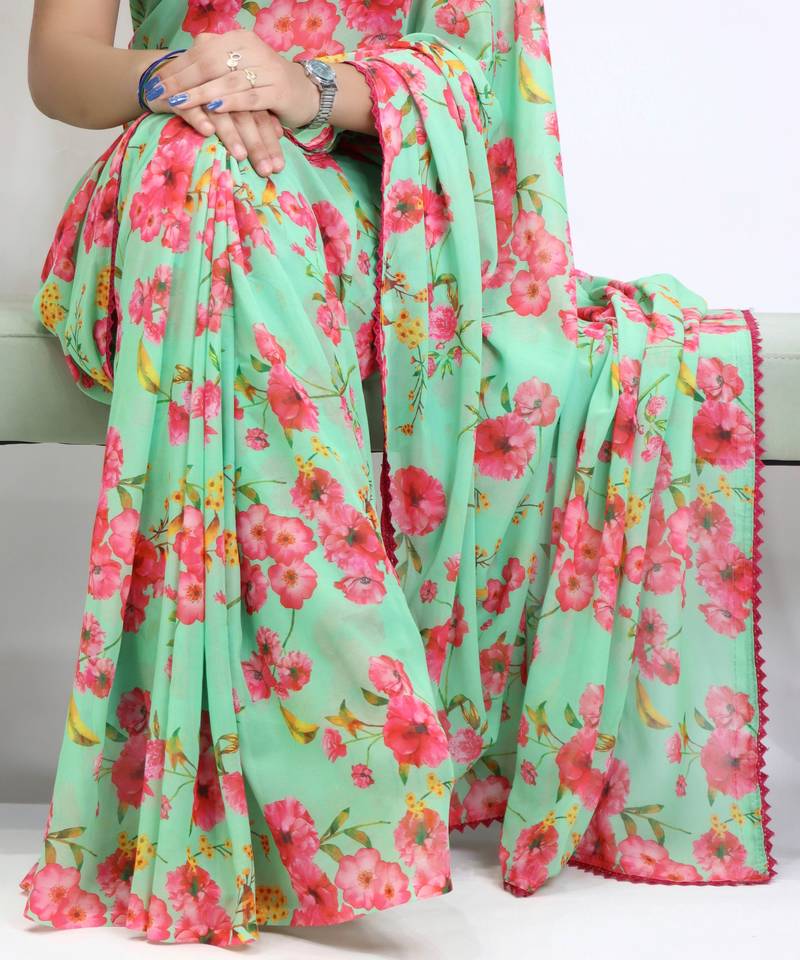 Pista color  all over floral printed with premium lace border weightless saree with unstitched blouse