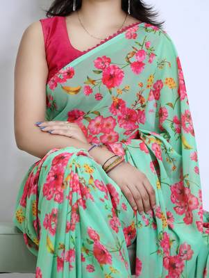 Pista color  all over floral printed with premium lace border weightless saree with unstitched blouse 2