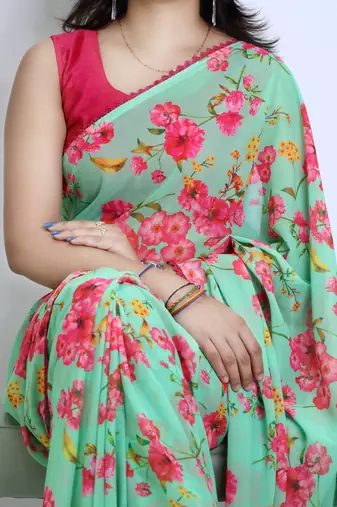 Pista color  all over floral printed with premium lace border weightless saree with unstitched blouse