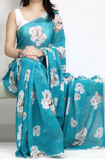 Firozi color  all over floral printed with premium lace border weightless saree with unstitched blouse