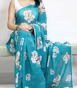 Firozi color  all over floral printed with premium lace border weightless saree with unstitched blouse