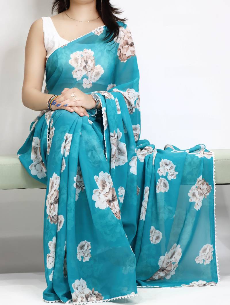 Firozi color  all over floral printed with premium lace border weightless saree with unstitched blouse