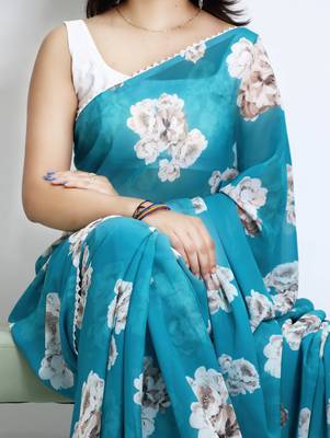 Firozi color  all over floral printed with premium lace border weightless saree with unstitched blouse 2