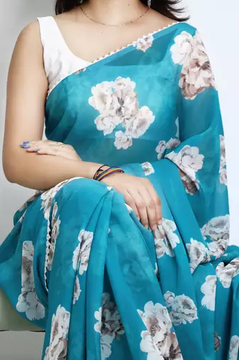 Firozi color  all over floral printed with premium lace border weightless saree with unstitched blouse