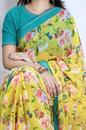 Yellow color  all over floral printed with premium lace border weightless saree with unstitched blouse