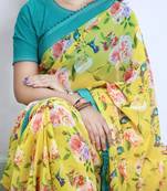 Yellow color  all over floral printed with premium lace border weightless saree with unstitched blouse