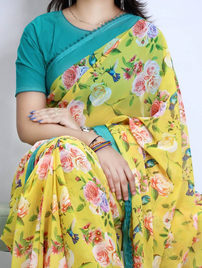 Yellow color  all over floral printed with premium lace border weightless saree with unstitched blouse