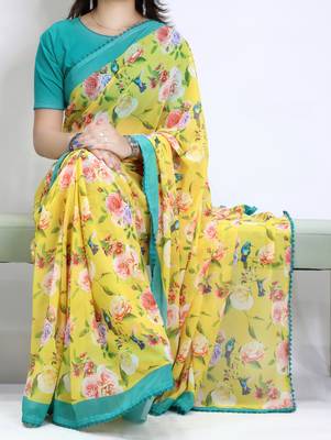 Yellow color  all over floral printed with premium lace border weightless saree with unstitched blouse 2