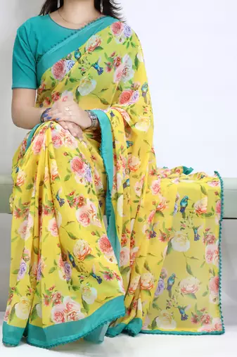 Yellow color  all over floral printed with premium lace border weightless saree with unstitched blouse