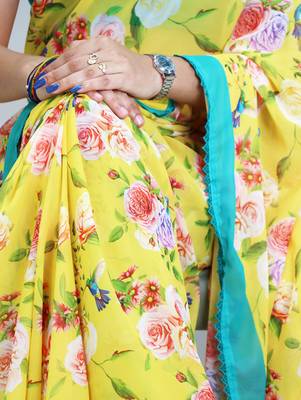 Yellow color  all over floral printed with premium lace border weightless saree with unstitched blouse 3