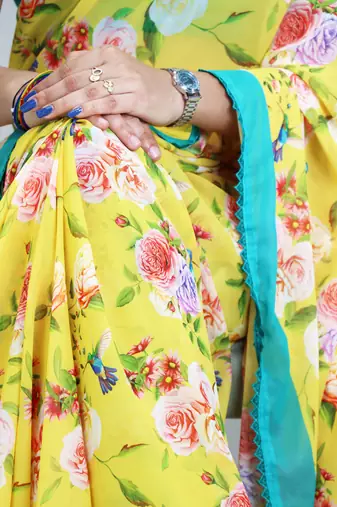 Yellow color  all over floral printed with premium lace border weightless saree with unstitched blouse