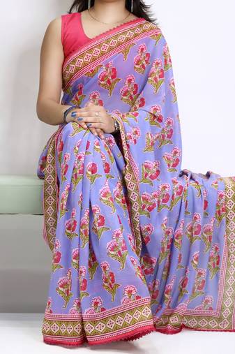 Purple color  all over floral printed with premium lace border weightless saree with unstitched blouse