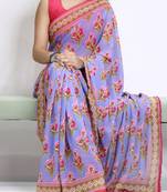 Purple color  all over floral printed with premium lace border weightless saree with unstitched blouse