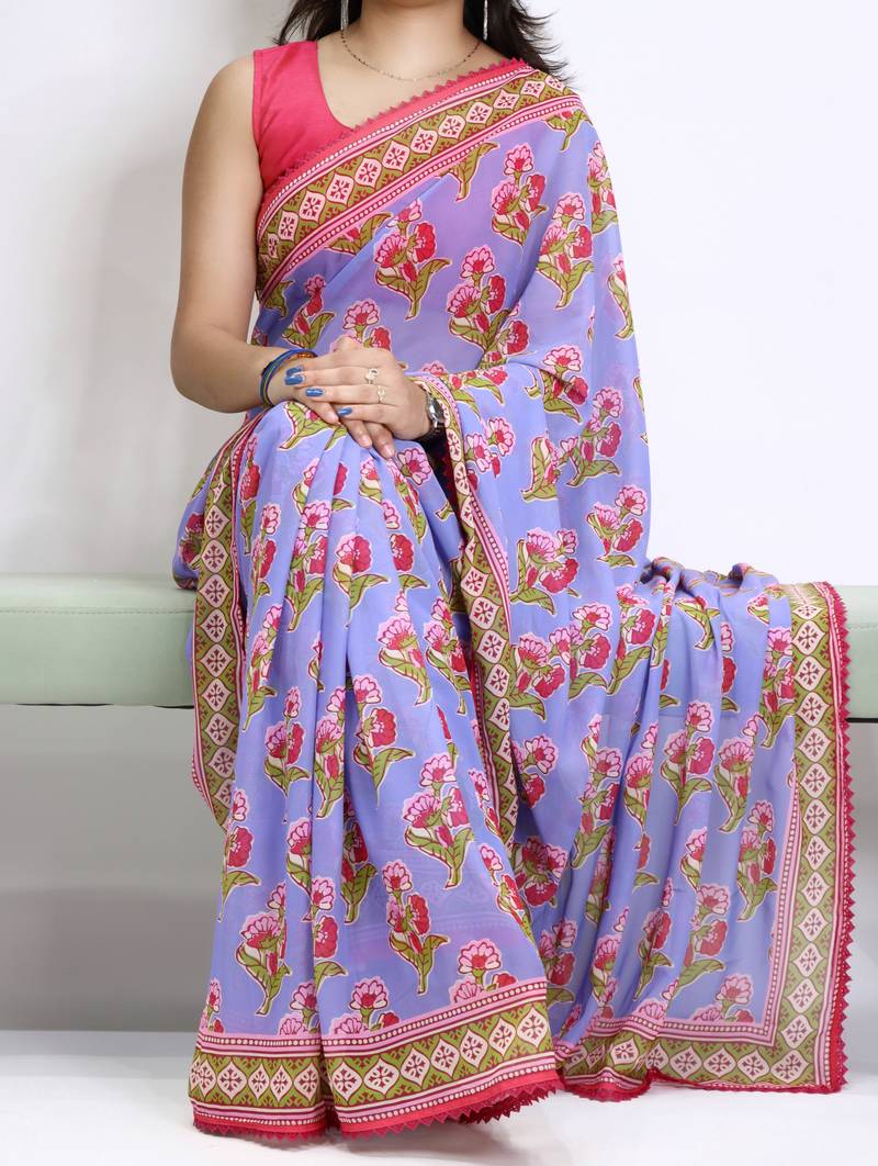 Purple color  all over floral printed with premium lace border weightless saree with unstitched blouse