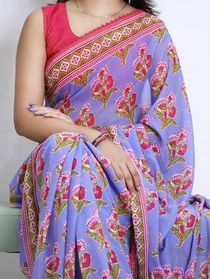 Purple color  all over floral printed with premium lace border weightless saree with unstitched blouse 2