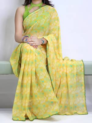 Lemon color  all over floral printed with premium lace border weightless saree with unstitched blouse 1