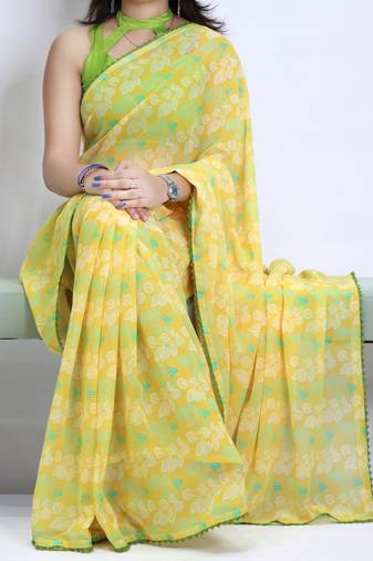 Lemon color  all over floral printed with premium lace border weightless saree with unstitched blouse