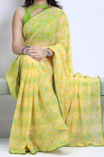Lemon color  all over floral printed with premium lace border weightless saree with unstitched blouse