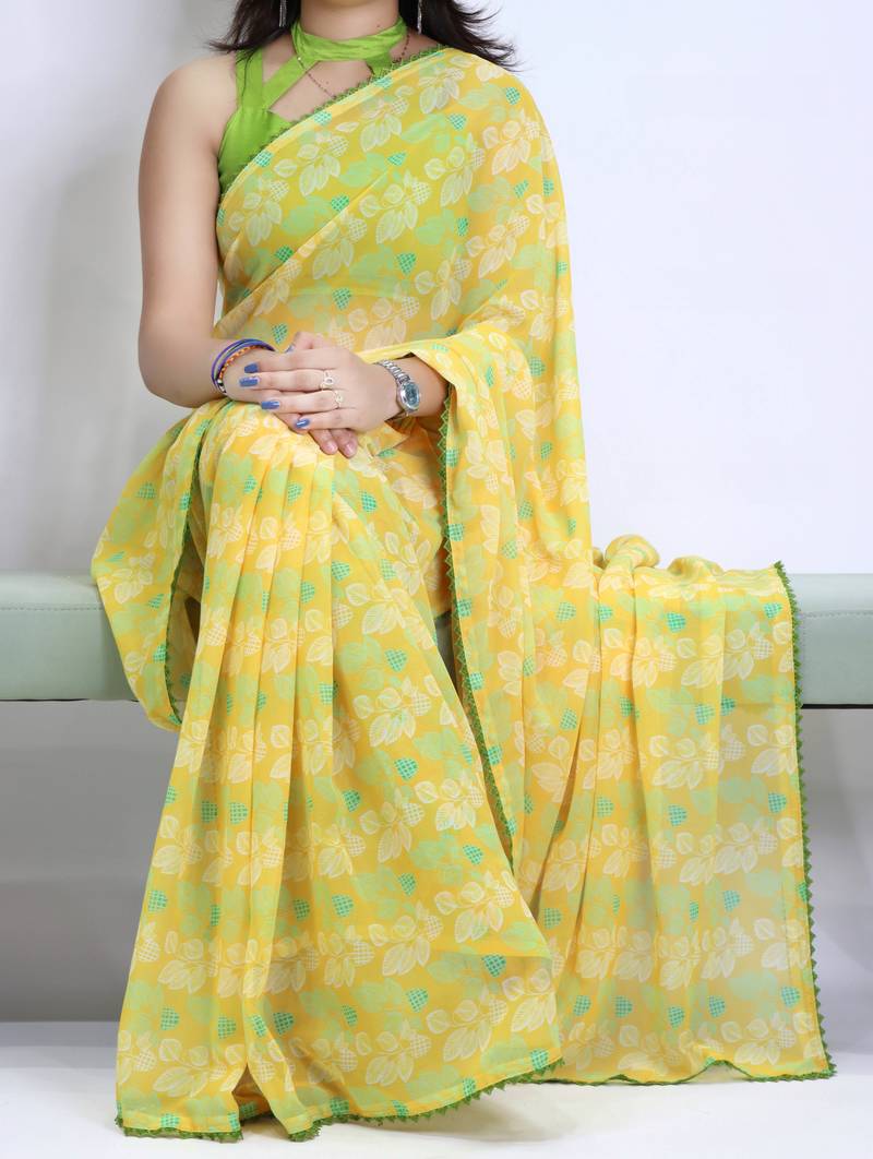 Lemon color  all over floral printed with premium lace border weightless saree with unstitched blouse