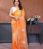 Orange & yellow gold crush multicolored floral motifs embroidery saree