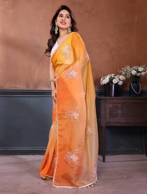 Orange & yellow gold crush multicolored floral motifs embroidery saree 2